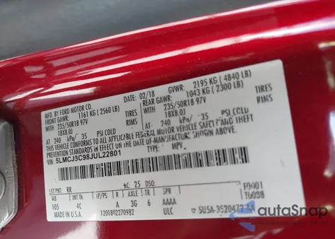 2018 Lincoln Mkc Reserve z USA, uszkodzony, nr VIN 5LMCJ3C98JUL22801